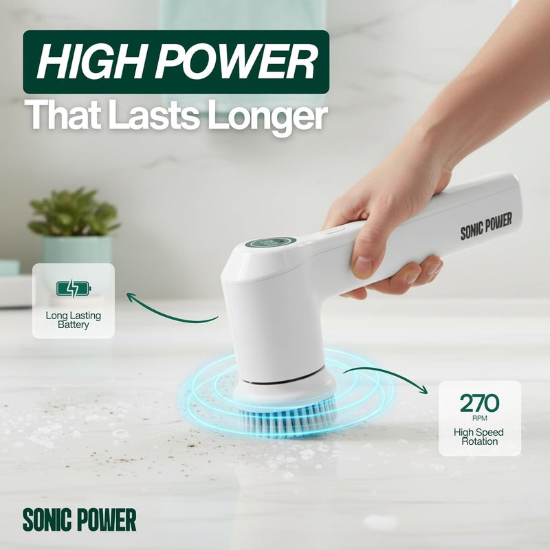 SonicPower Electric Spin Scrubber, Handheld & Ergonomic, IPx7 Waterproofing, 4 Multi-Purpose Attachments Included, Long Lasting Rechargeable Battery - Image 3